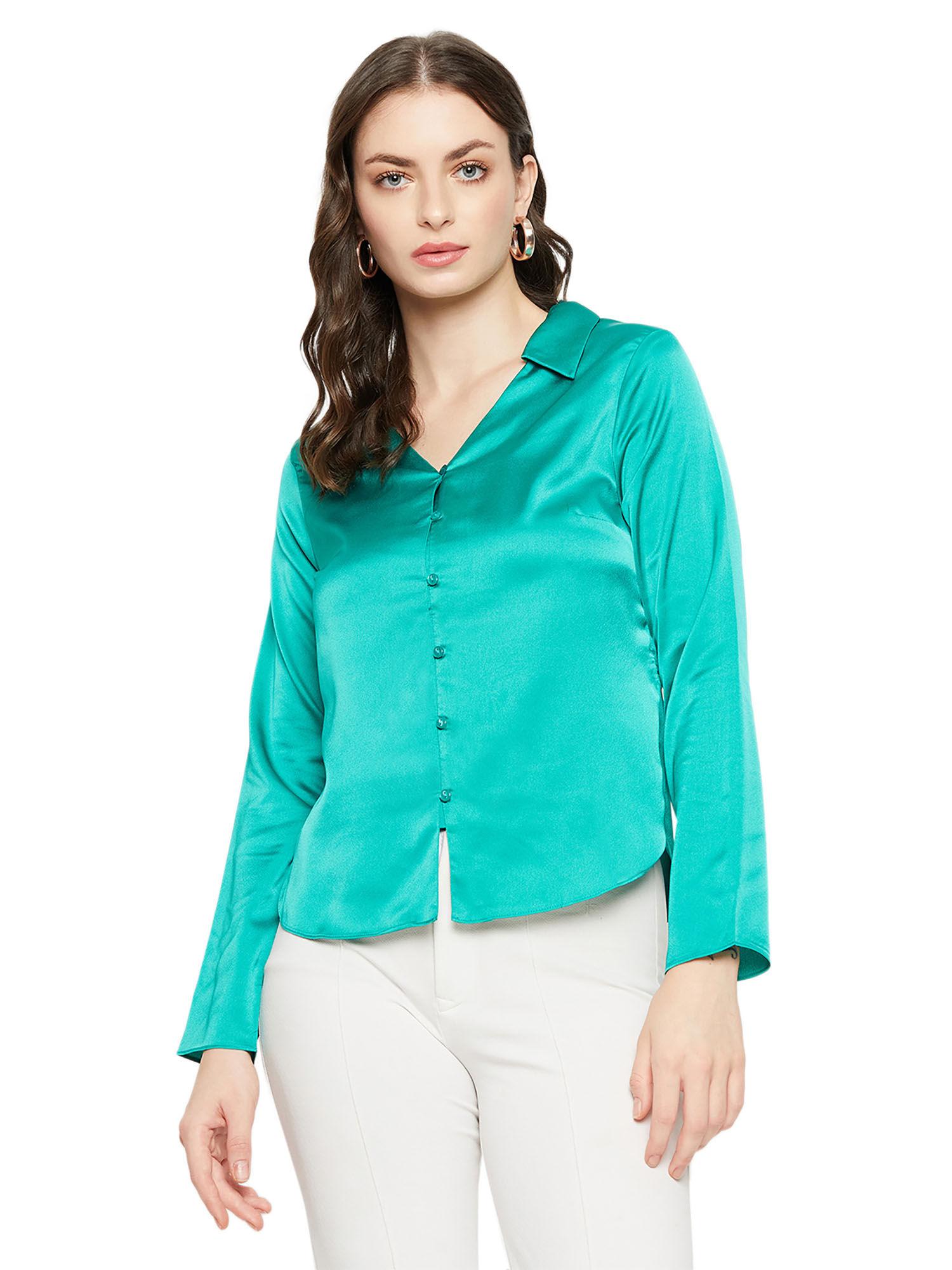 shirt collar neck full sleeve solid green women