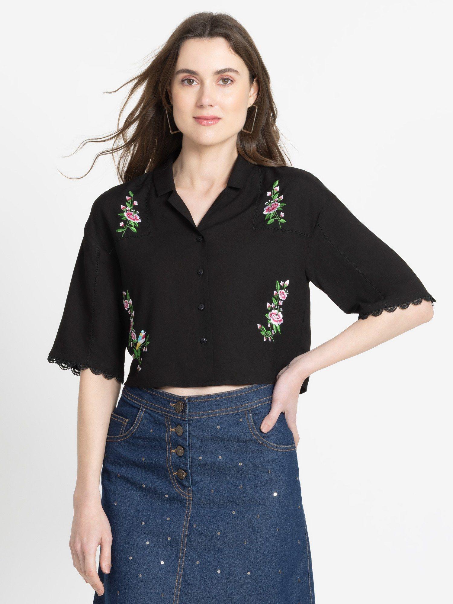 shirt collar black embroidered short sleeves for women