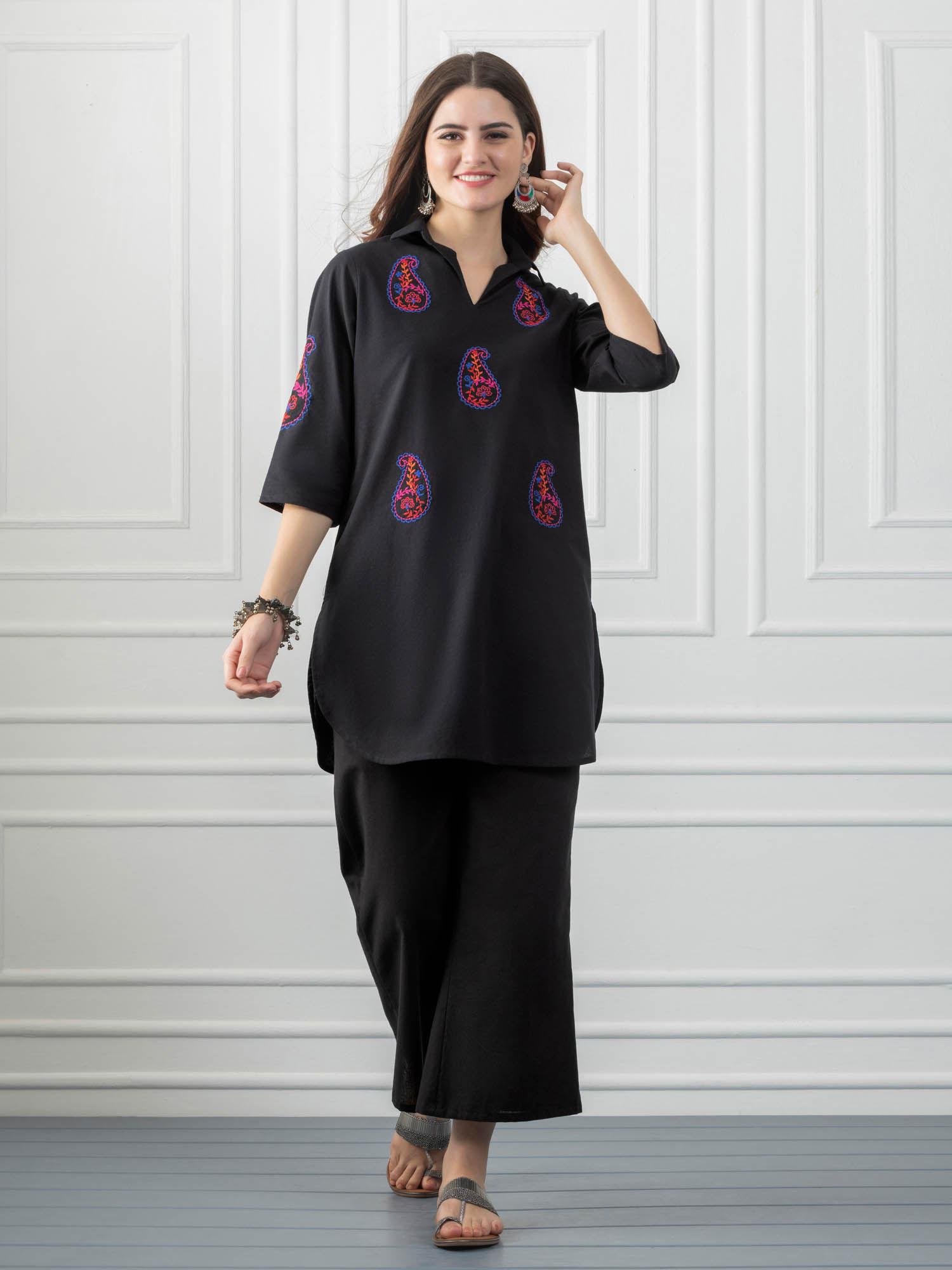 shirt collar black paisley embroidered tunic and trouser for women (set of 2)