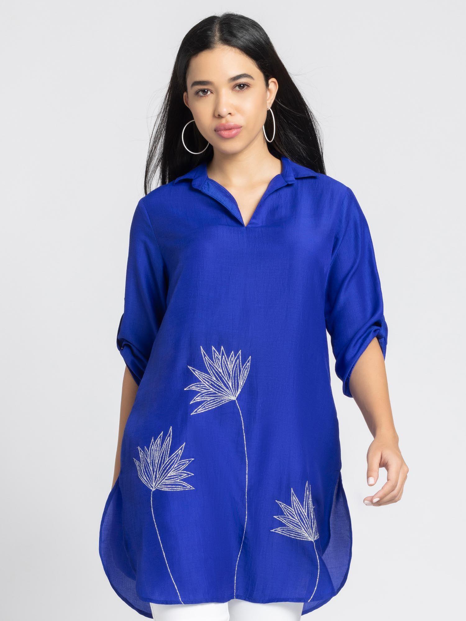 shirt collar blue embroidered ethnic kurti for women