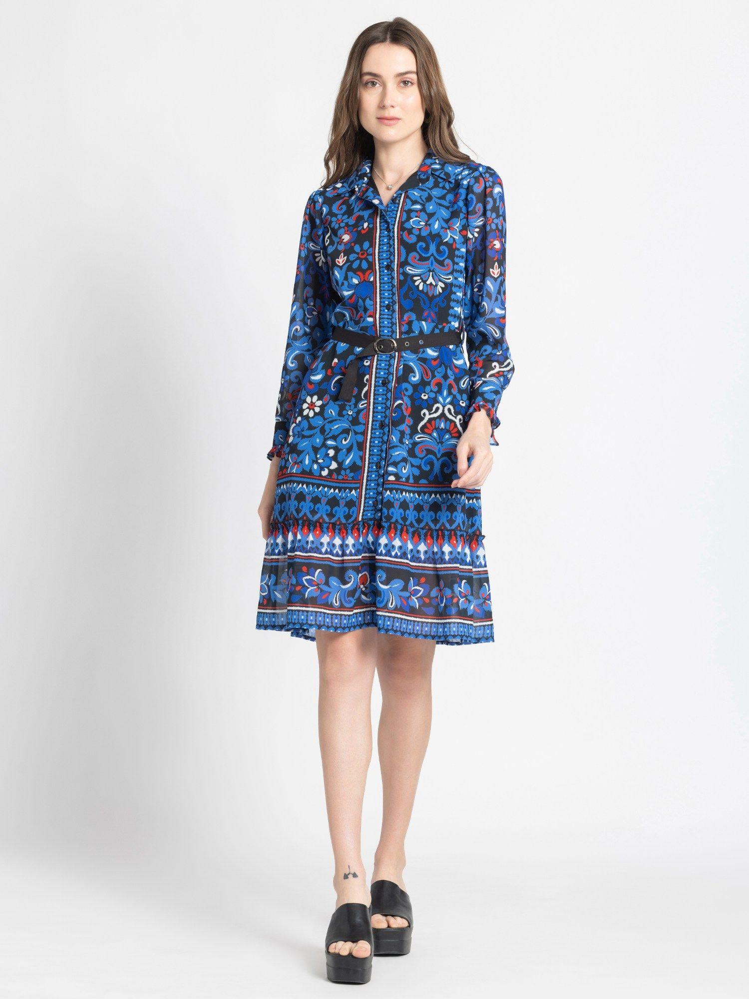 shirt collar blue ikat print full sleeves casual knee length dress for women (set of 2)