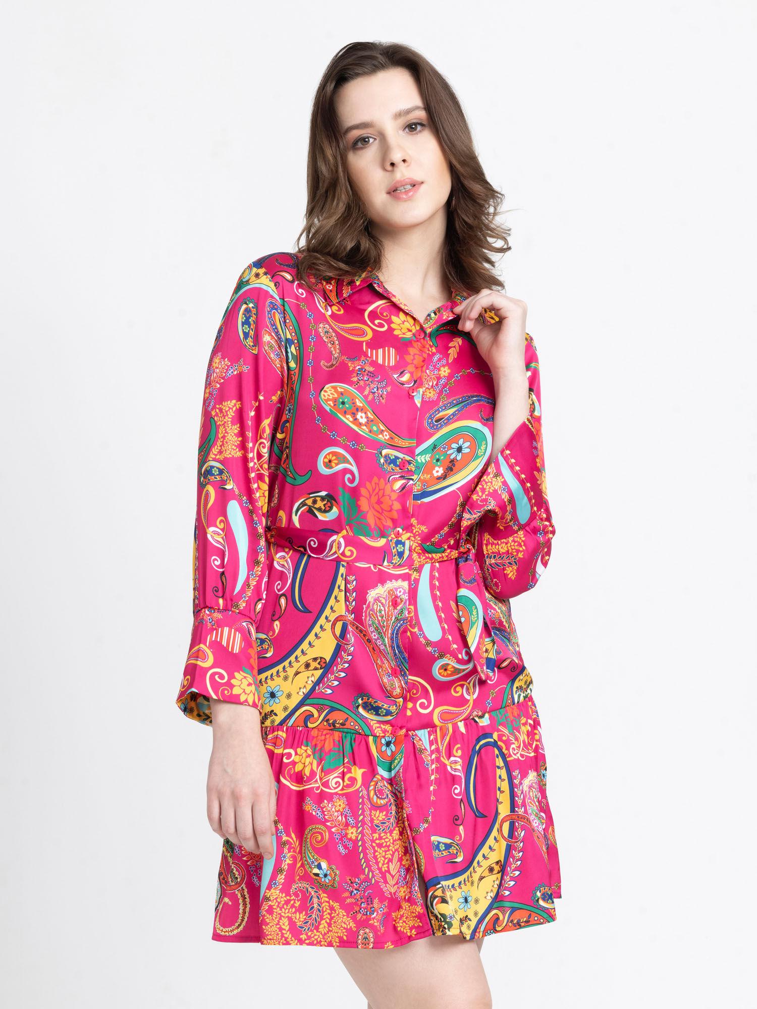 shirt collar fuchsia & yellow printed full sleeves casual dress with belt