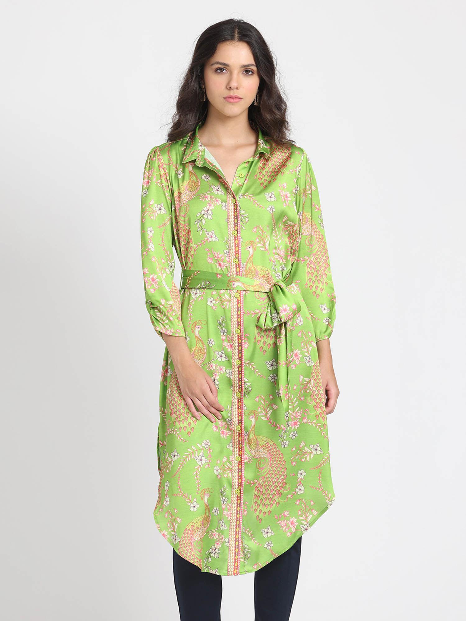 shirt collar green floral print three-quarter sleeves fusion kurtas for women
