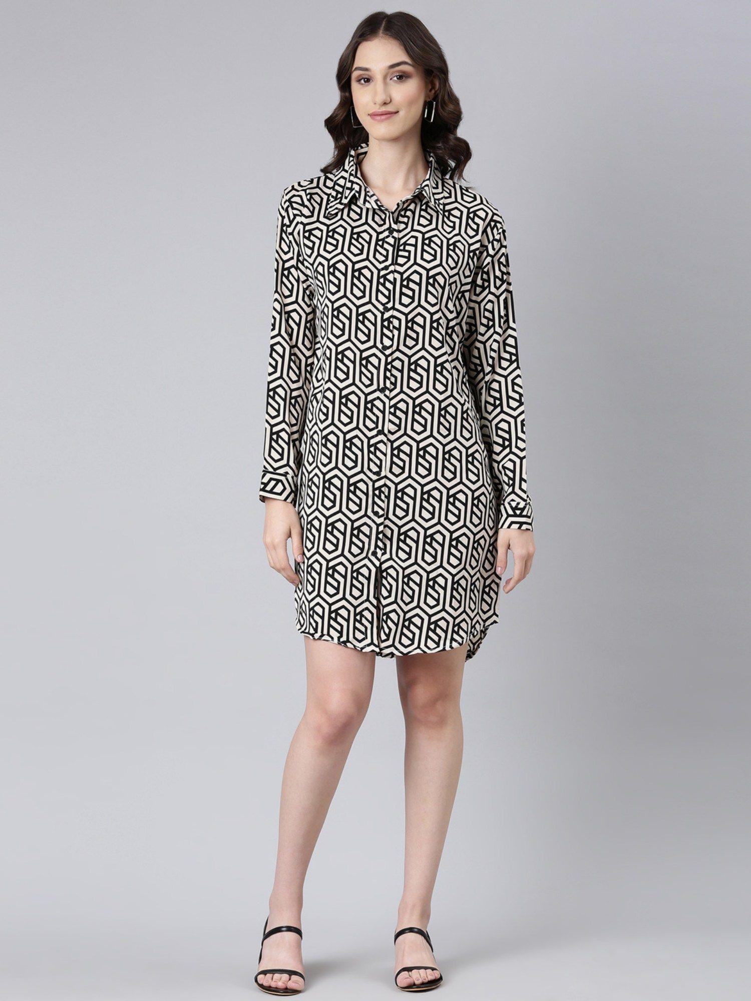 shirt collar long sleeves shirt geometric white and black above knee dress