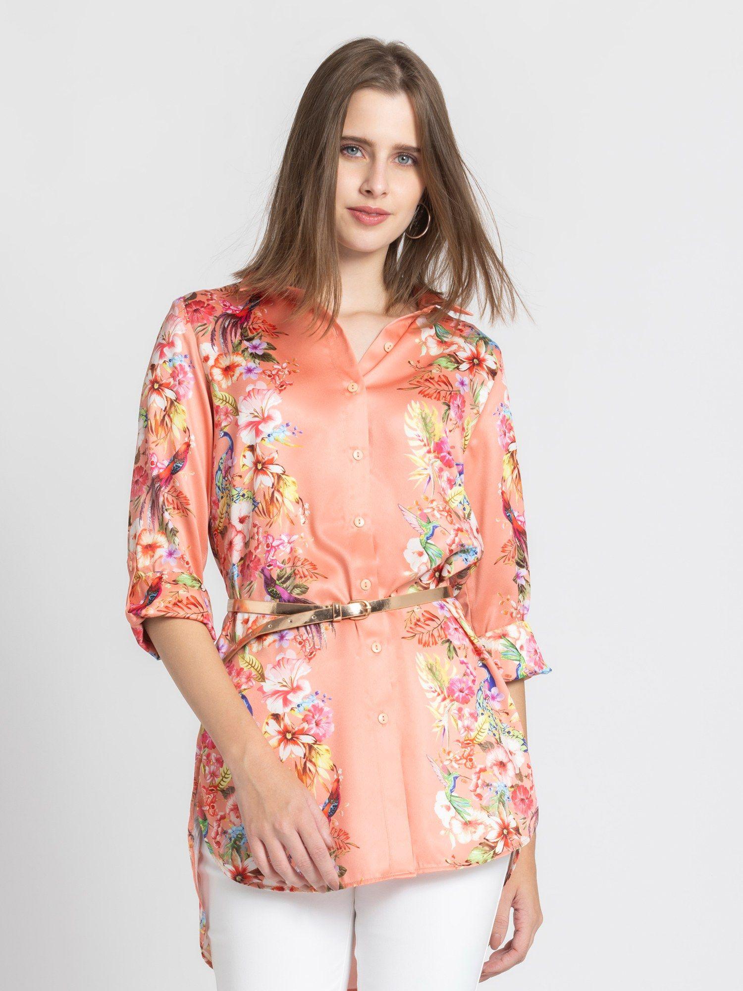 shirt collar peach floral print three-quarter sleeves for women