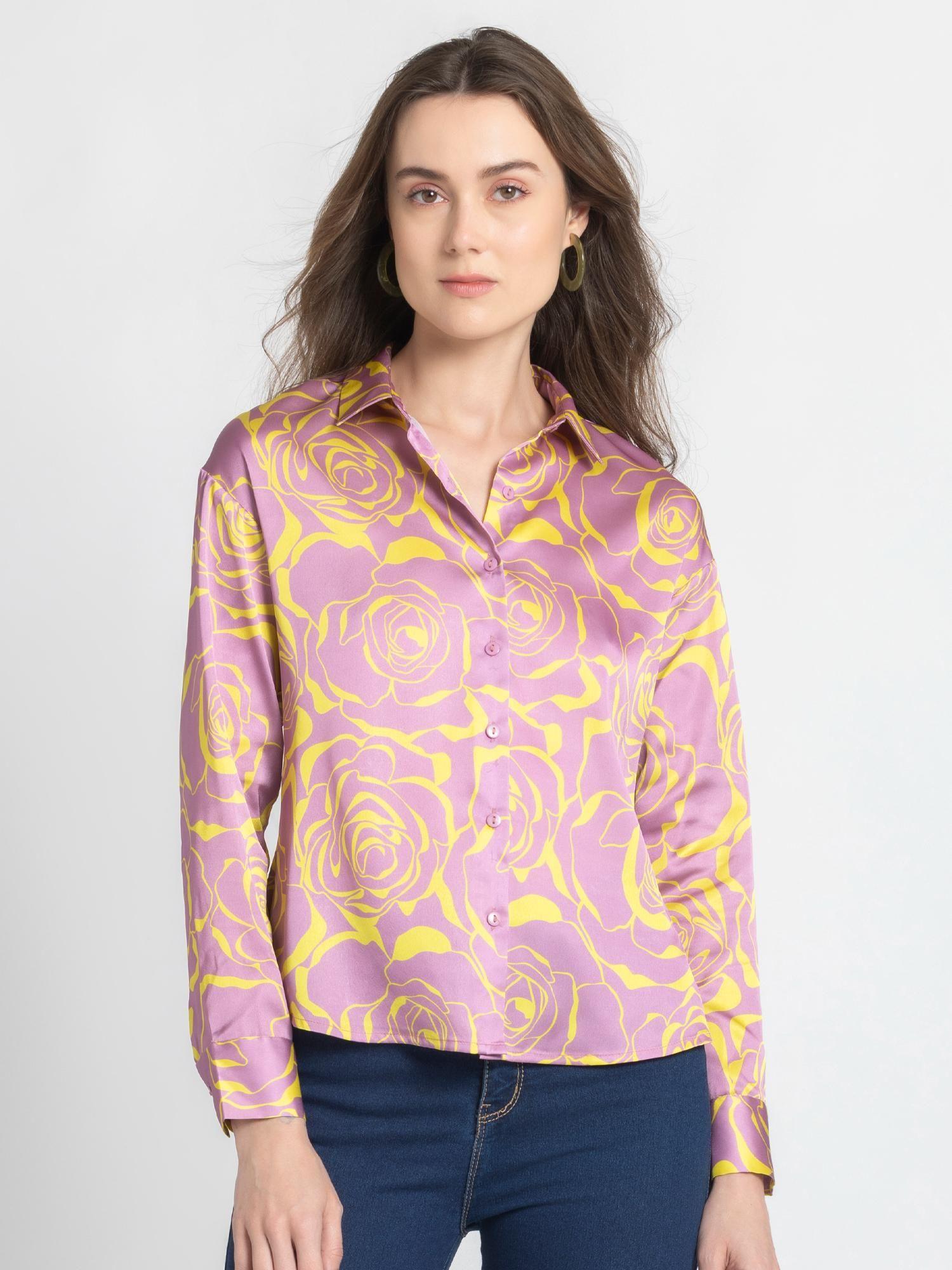 shirt collar pink floral print long sleeves casual shirts for women