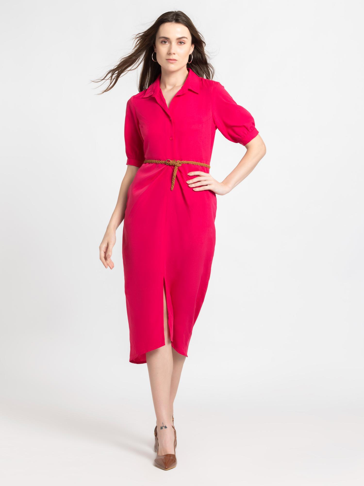 shirt collar pink solid half sleeves casual midi dress for women