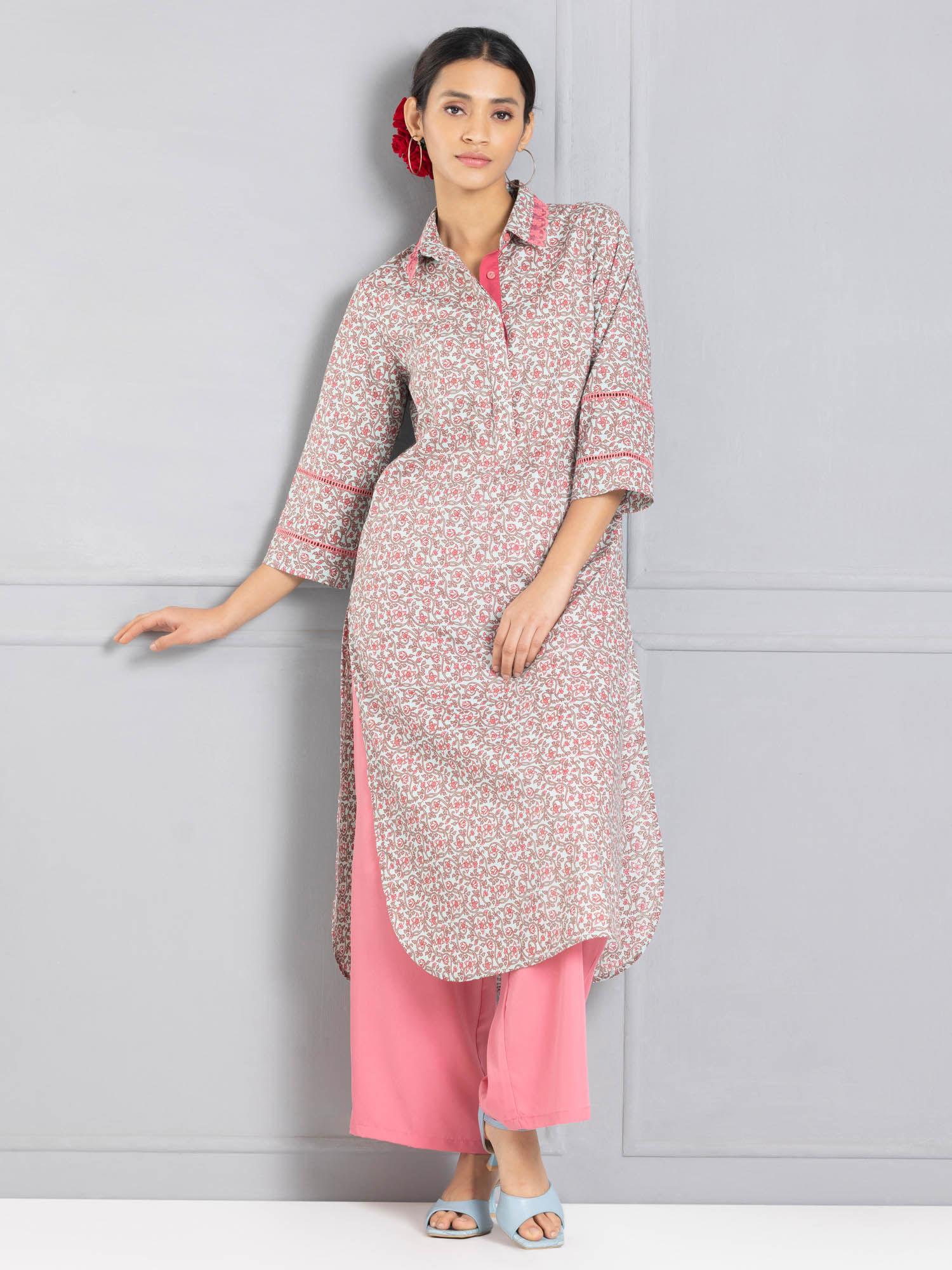 shirt collar printed three-quarter sleeves ethnic kurta for women