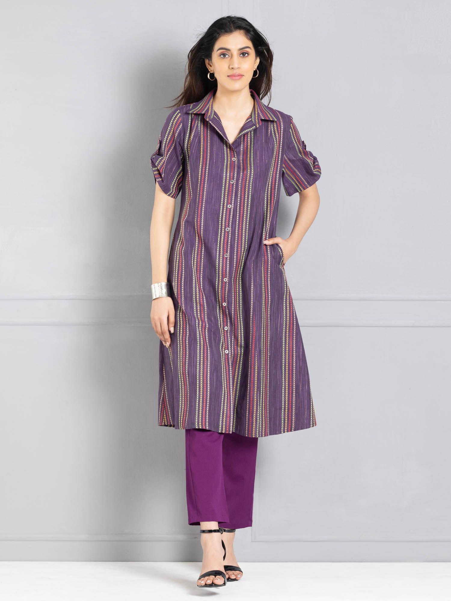 shirt collar purple woven design short sleeves ethnic kurta for women