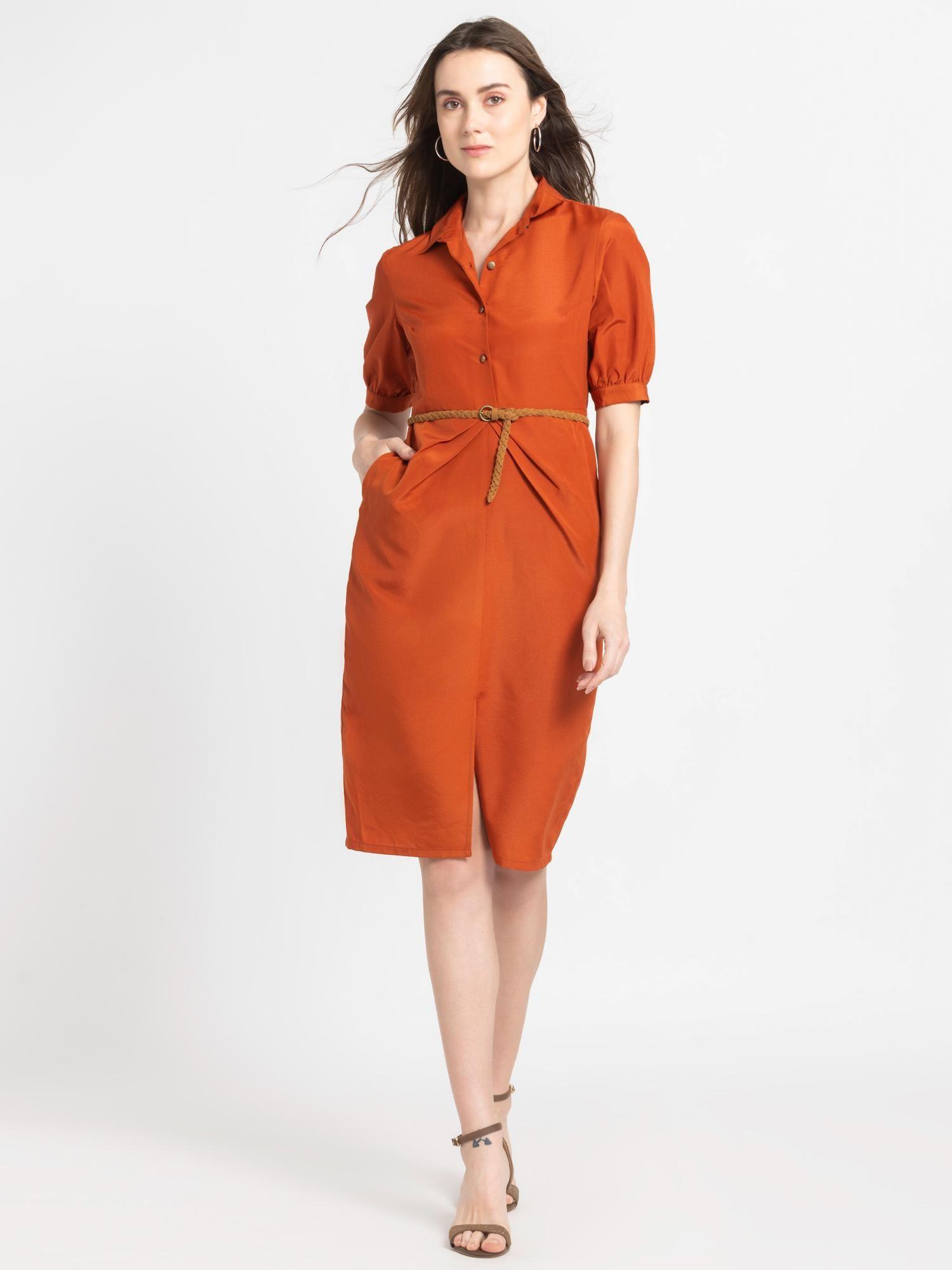 shirt collar rust orange solid short sleeves casual midi dress for women