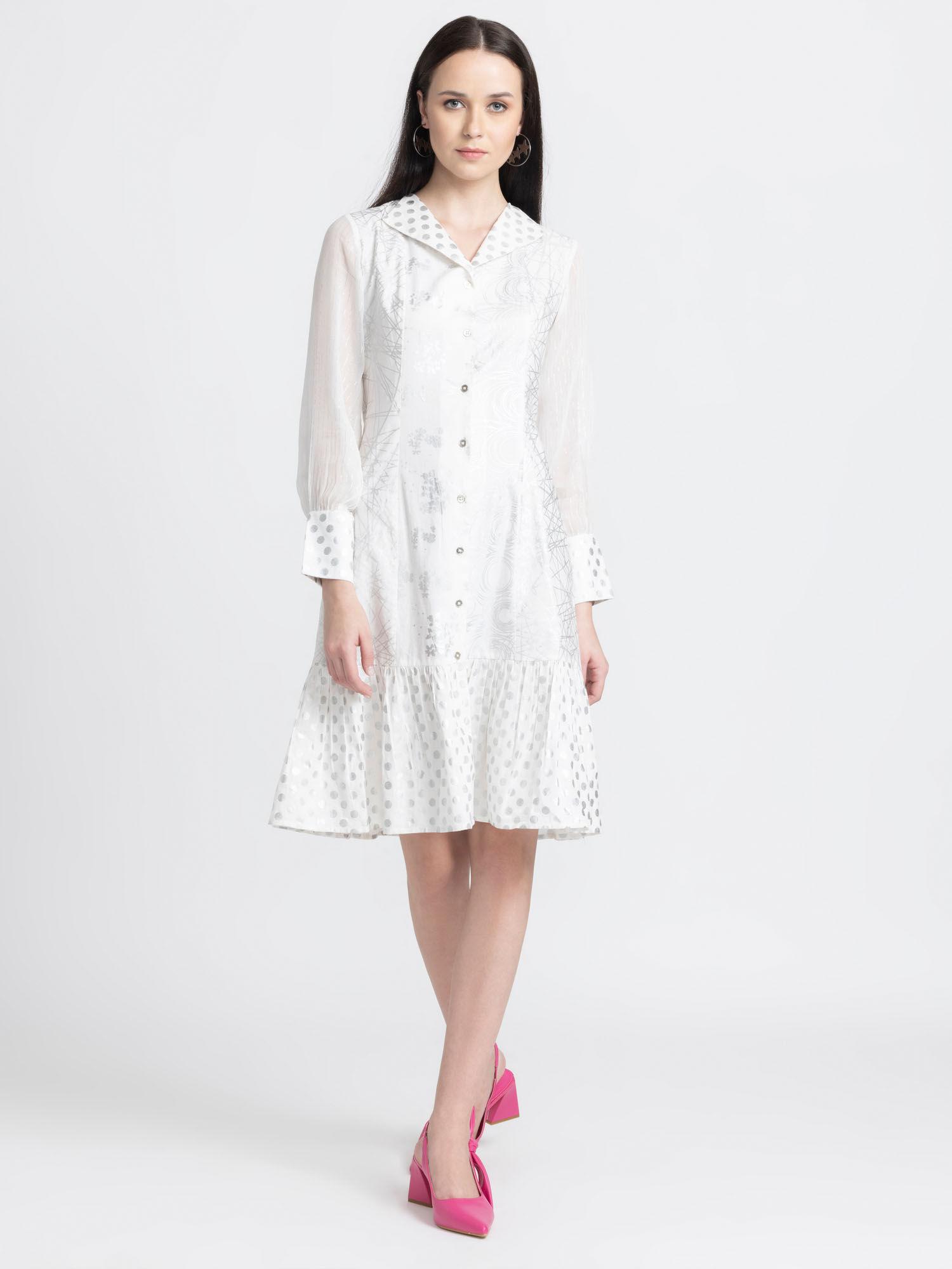 shirt collar white printed long sleeves party shirt dress for women