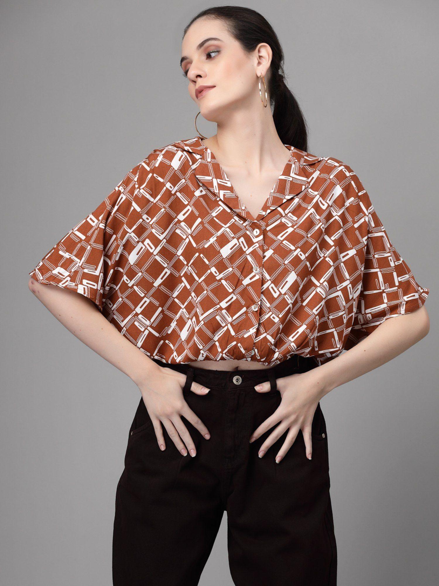 shirt for women brown notched lapel printed shirt for women