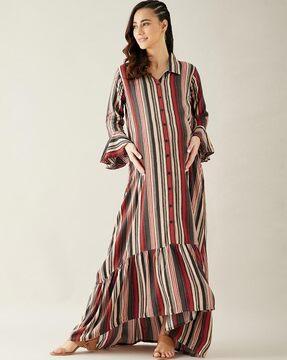 shirt print a-line dress with bell sleeves