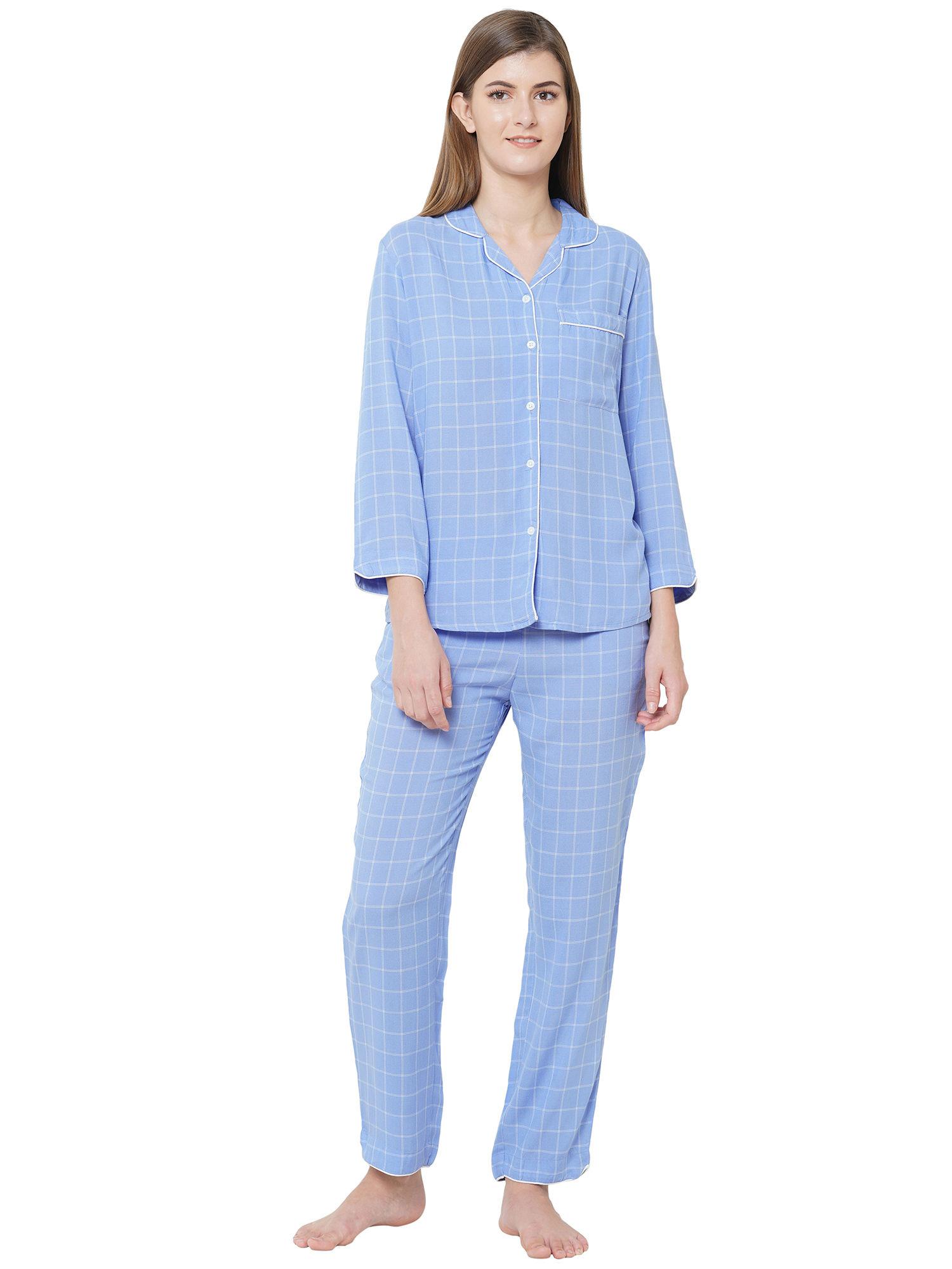 shirt style checked pyjama set - blue