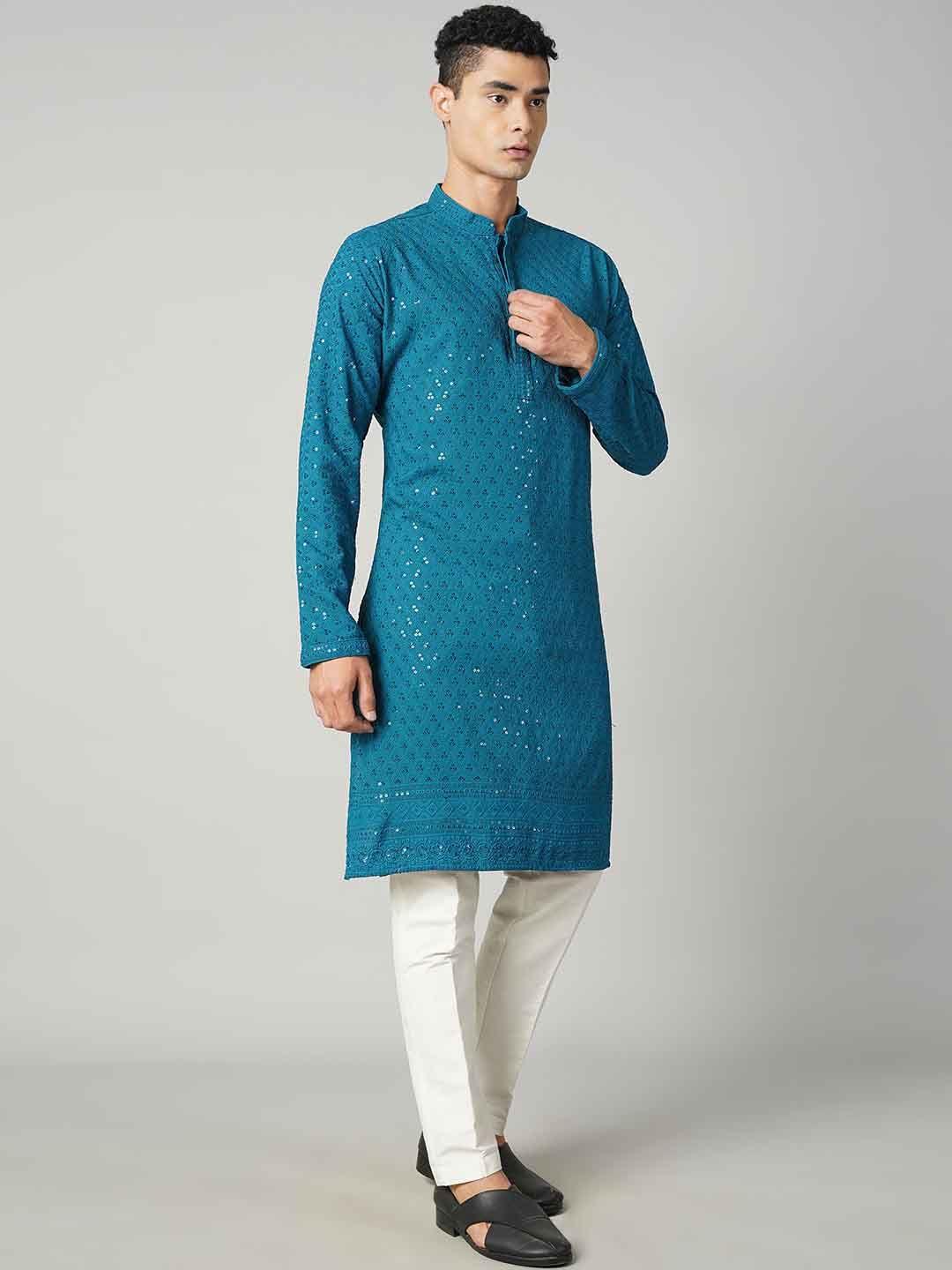 shiv leela floral chikankari embroidered mandarin collar cotton straight kurta