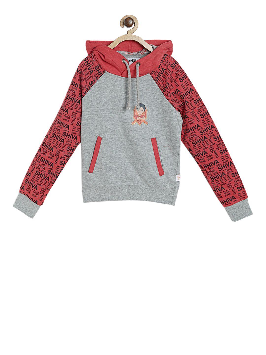 shiva boys grey & red printed hooded sweatshirt