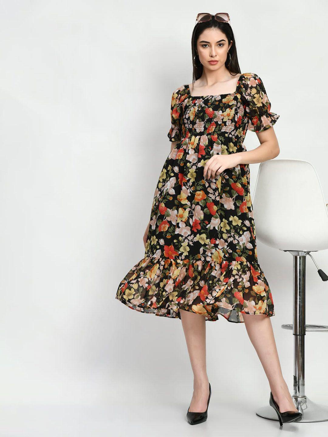 shiva trends floral printed sqaure neck puffed sleeves smocked georgette fit & flare dress