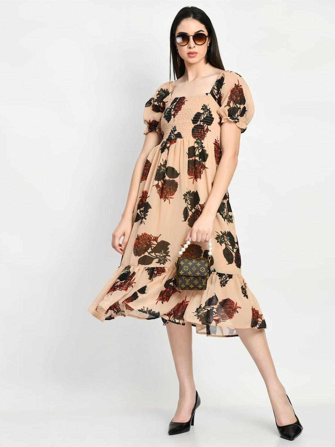 shiva trends floral printed sqaure neck puffed sleeves smocked georgette fit & flare dress