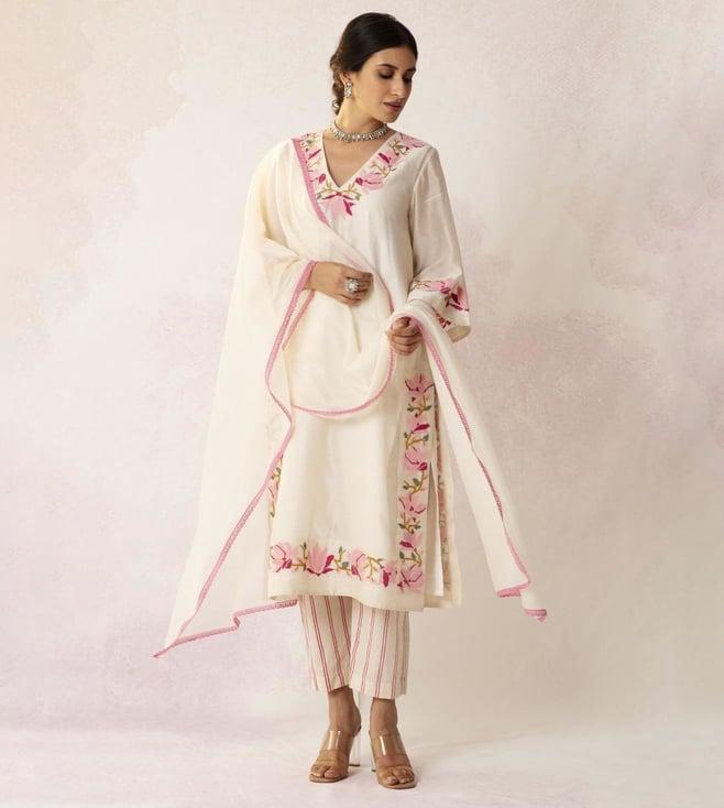 shivani bhargava bahaar ivory floral chanderi v-neck kurta set