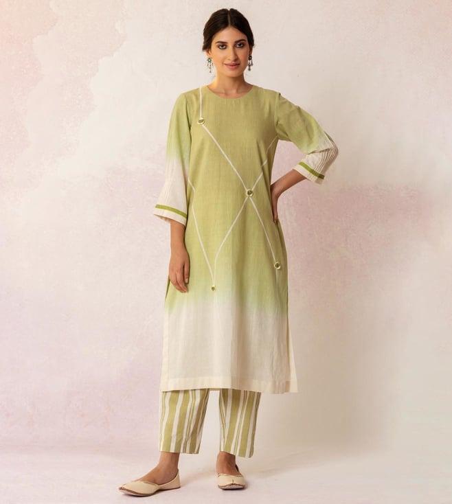 shivani bhargava bahaar olive green khadi cotton ombre grid kurta with stripe pants