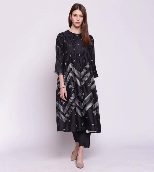 shivani bhargava black chevron bandhani pintuck silk kurta with pants