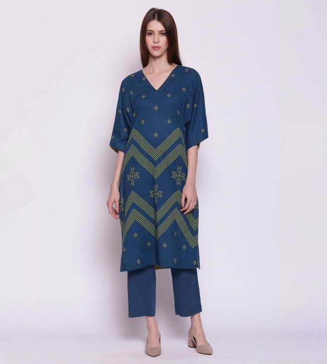 shivani bhargava blue and olive cotton chevron bandhani v-neck kimono with pants