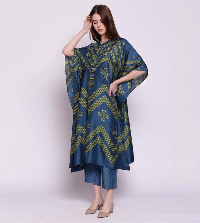 shivani bhargava blue and olive silk chevron bandhani print kaftan with pants