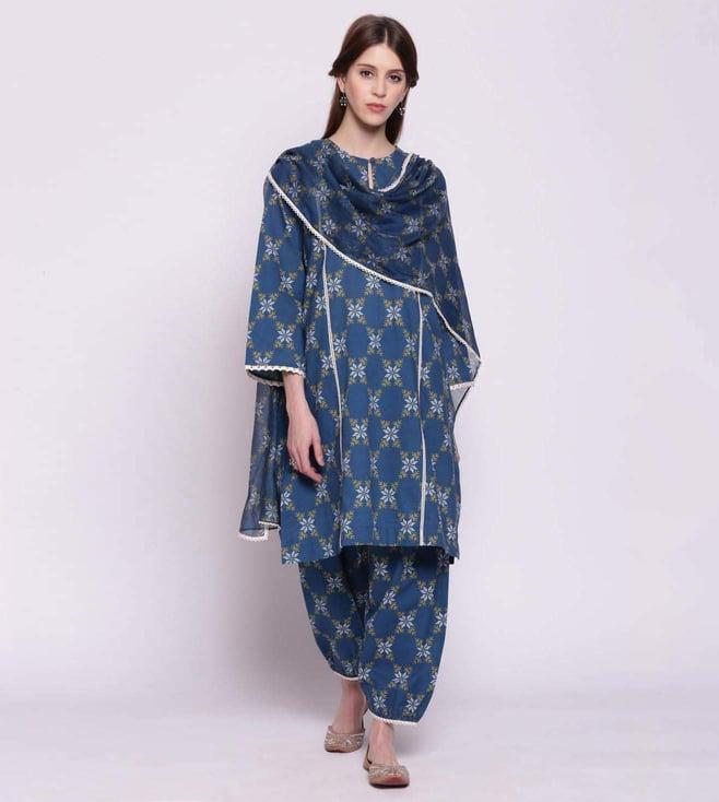 shivani bhargava blue snowflake printed cotton kali kurta with printed pants and dupatta