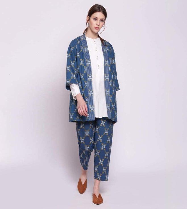 shivani bhargava blue snowflake printed cotton noragi jacket with kurta and pants