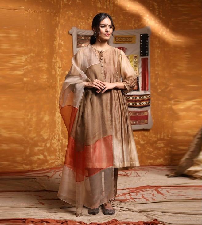 shivani bhargava brown rajj ombre button embroidery kurta with pants & dupatta