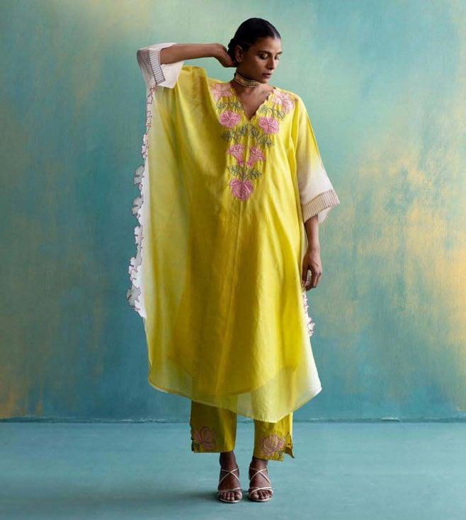 shivani bhargava dip dye yellow and off-white dil-kash chanderi v-neck embroidery kaftan with pants