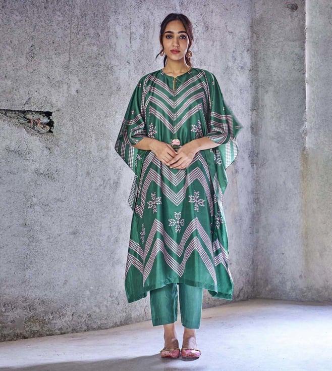 shivani bhargava emerald green silk chevron bandhani print kaftan with pants