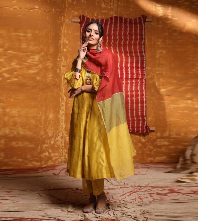 shivani bhargava mustard rajj tribal placket kali kurta with pants & dupatta