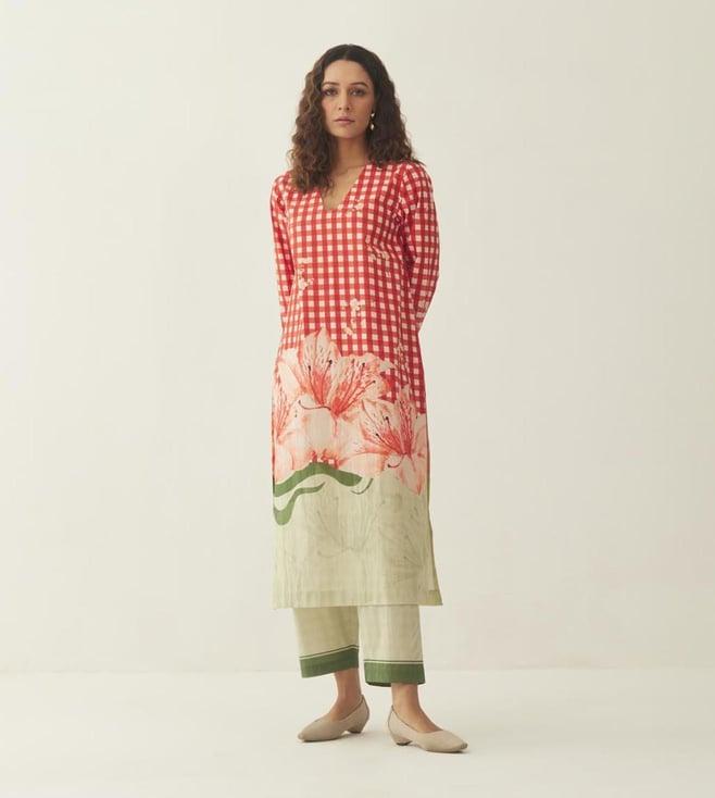 shivani bhargava red cotton gingham checks and floral mix co-ord set