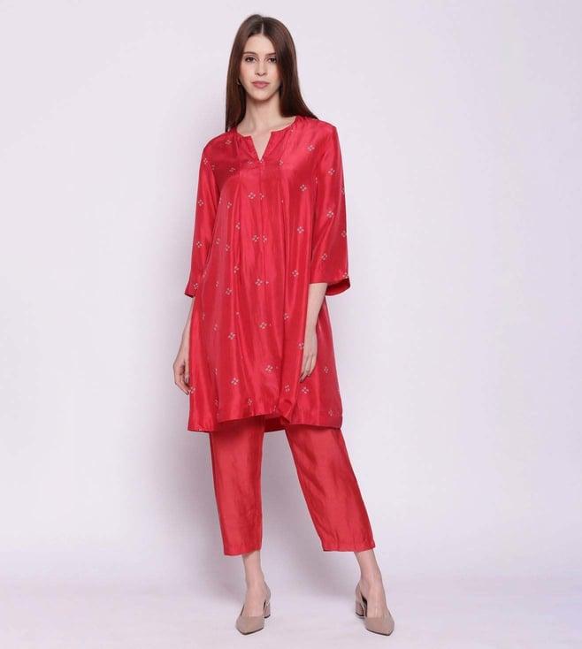 shivani bhargava red silk banhdani print box pleat tunic with pants