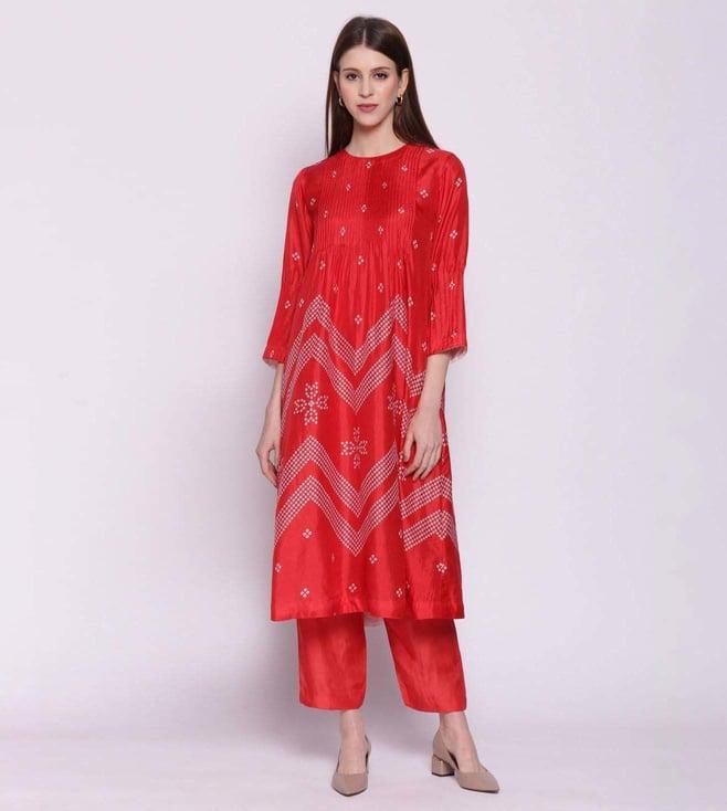 shivani bhargava red silk chevron bandhani print pintuck kurta with pants