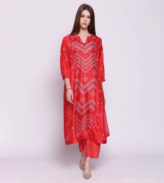 shivani bhargava red silk chevron bandhani print straight kali kurta with pants