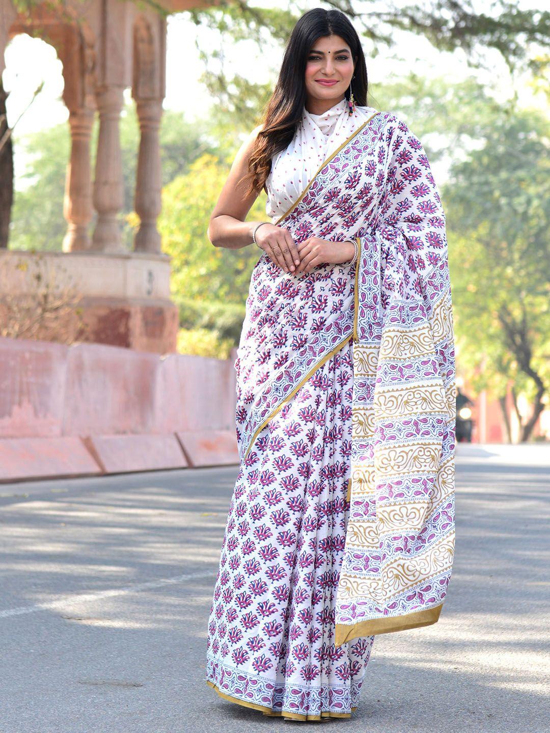 shivanya  handicrafts paisley printed mulmul cotton block print saree