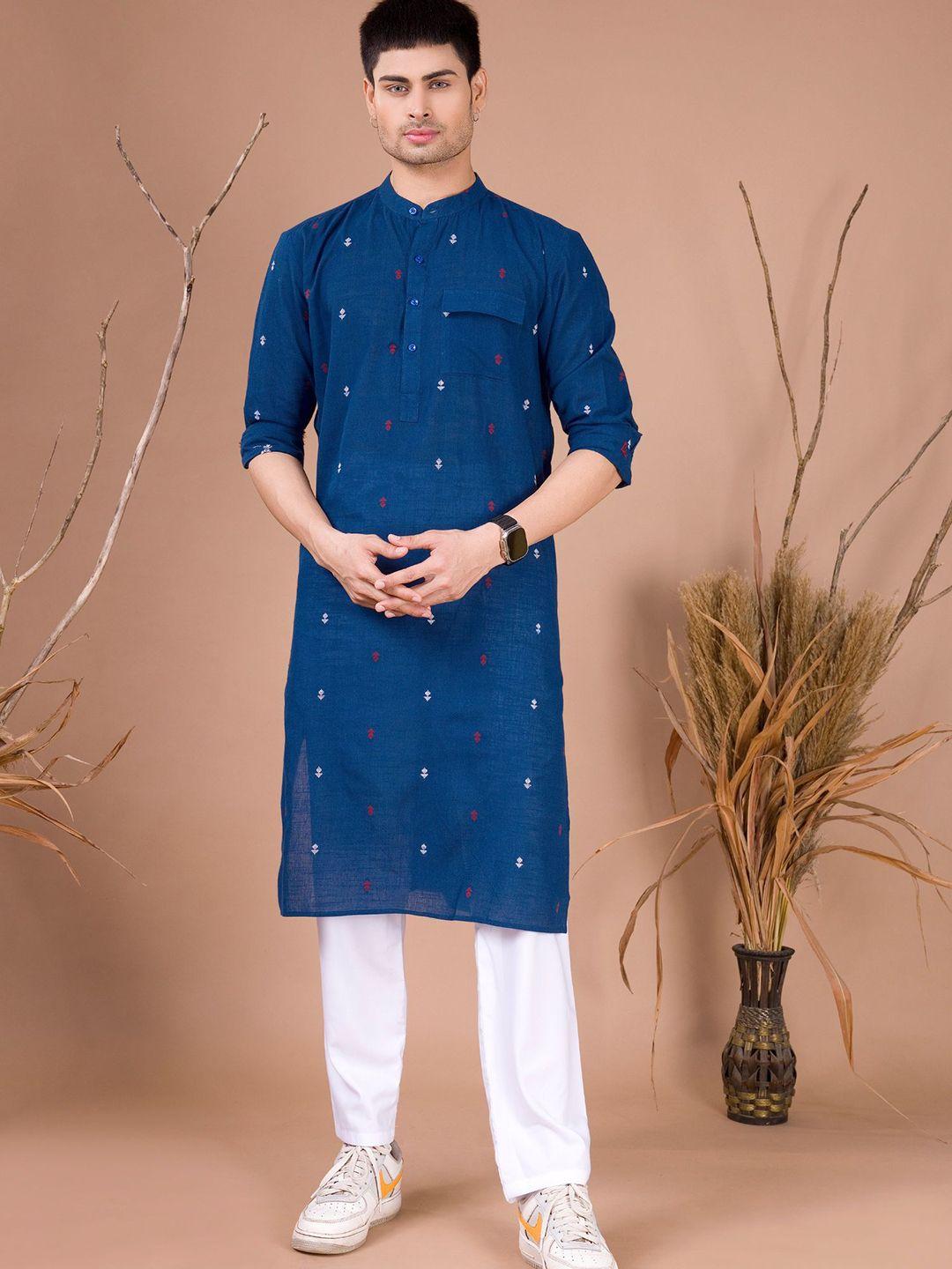 shiwam ethnix ethnic motifs printed band collar straight kurta with pyjamas