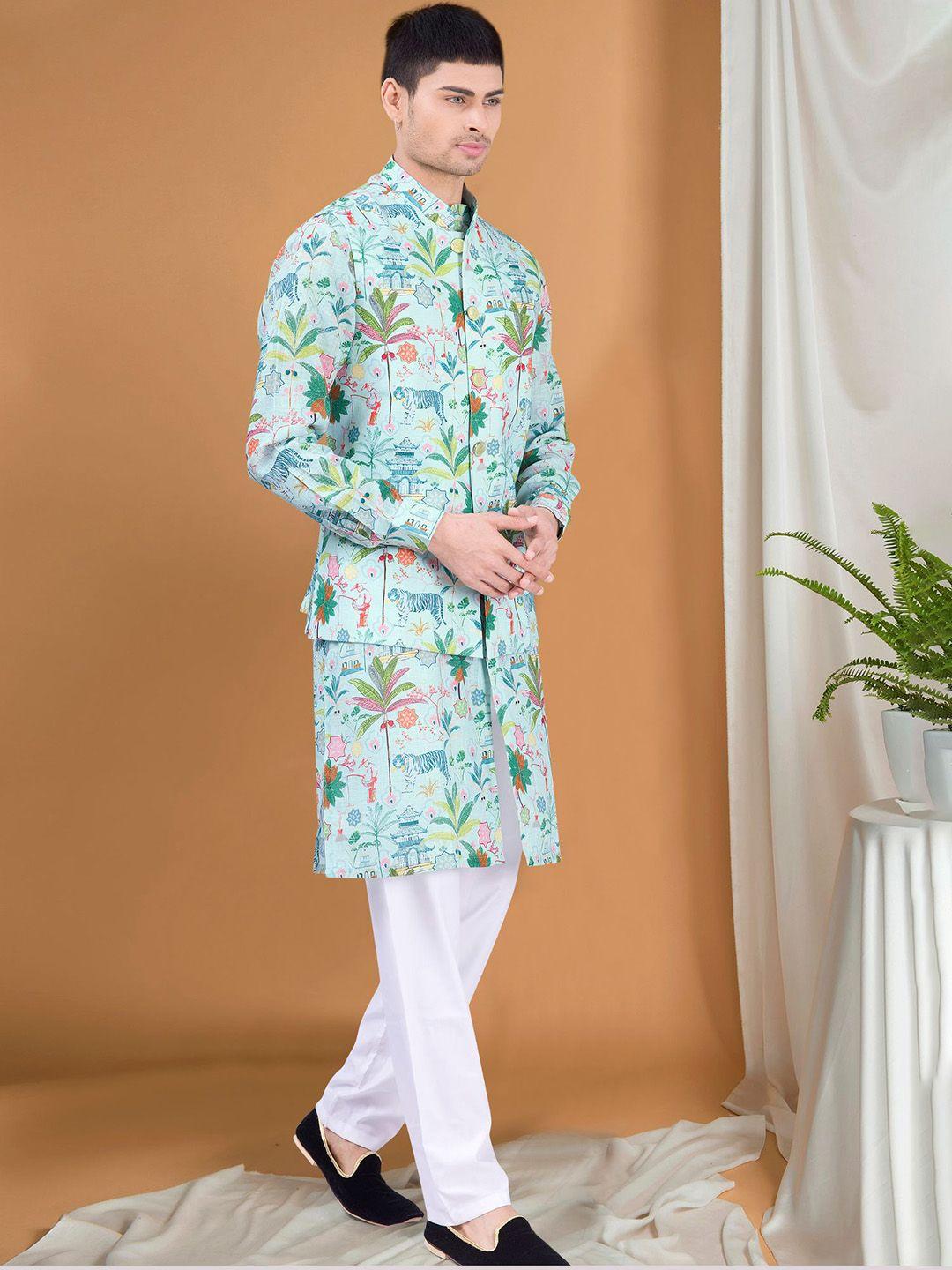 shiwam ethnix floral printed band collar straight kurta with pyjamas & nehru jacket