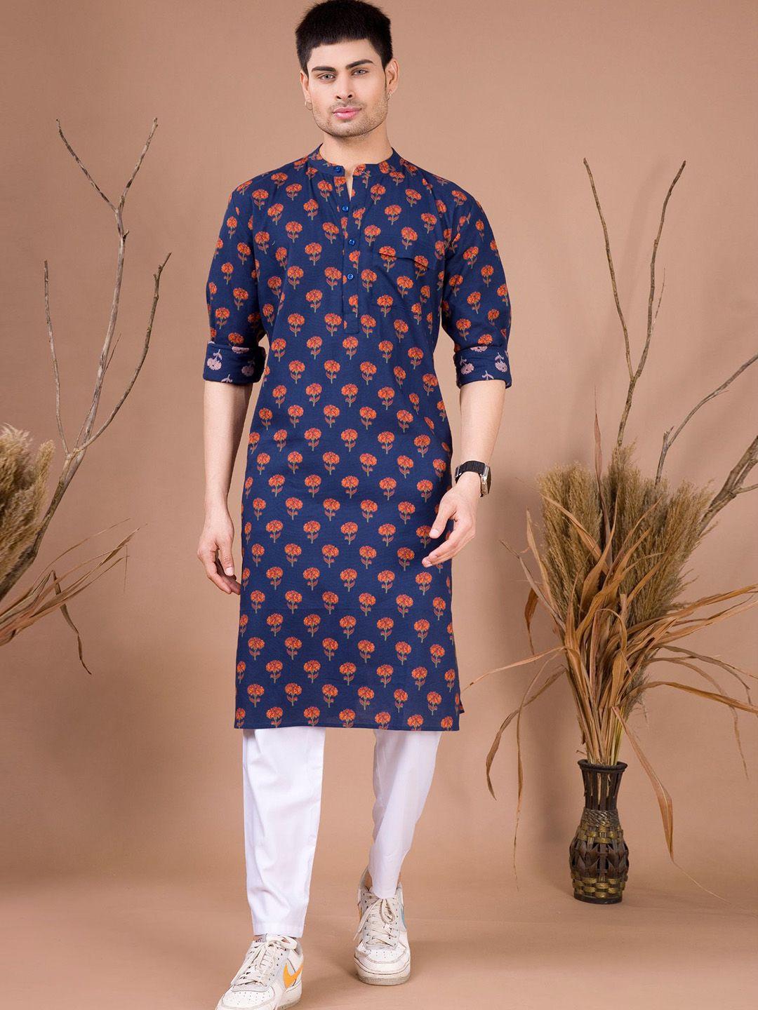shiwam ethnix floral printed band collar straight kurta with pyjamas