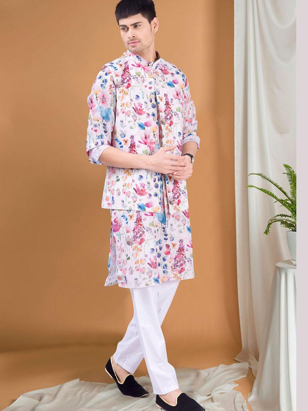 shiwam ethnix floral printed regular kurta with pyjamas & nehru jacket