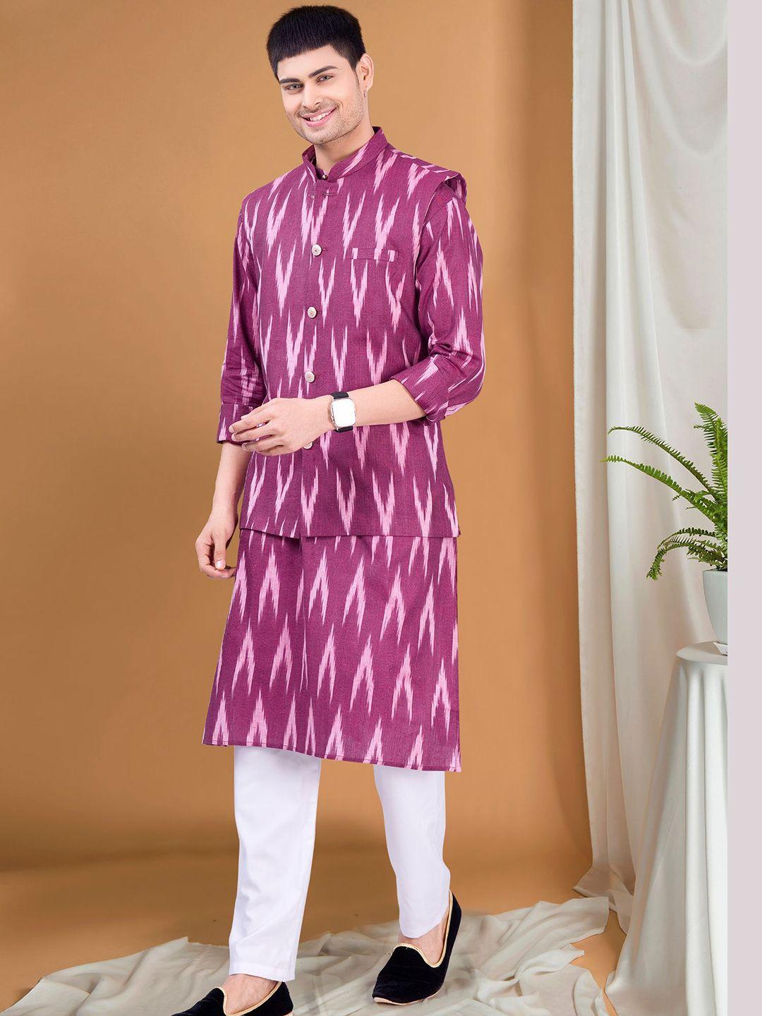 shiwam ethnix geometric ikat printed band collar straight kurta & pyjama with nehru jacket