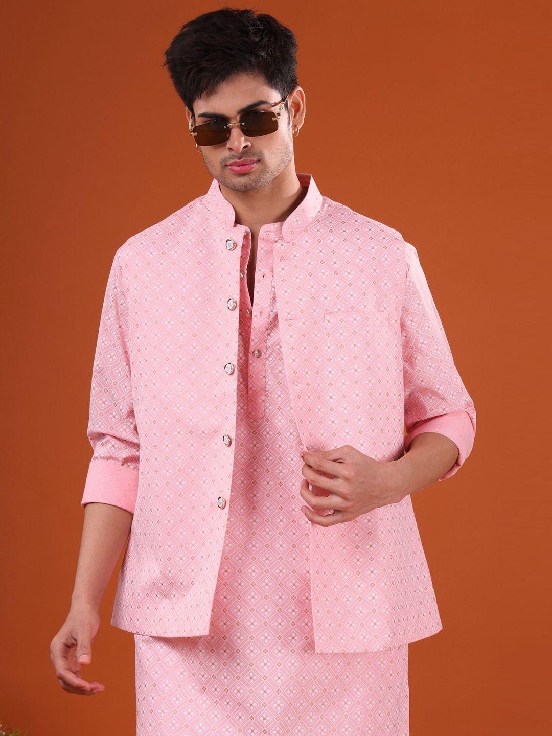 shiwam ethnix geometric printed mandarin collar straight kurta with pyjamas with jacket