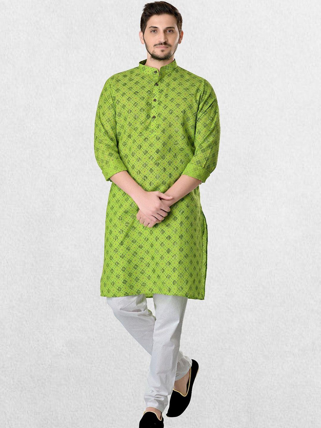 shiwam ethnix men lime green & white printed kurta with pyjamas