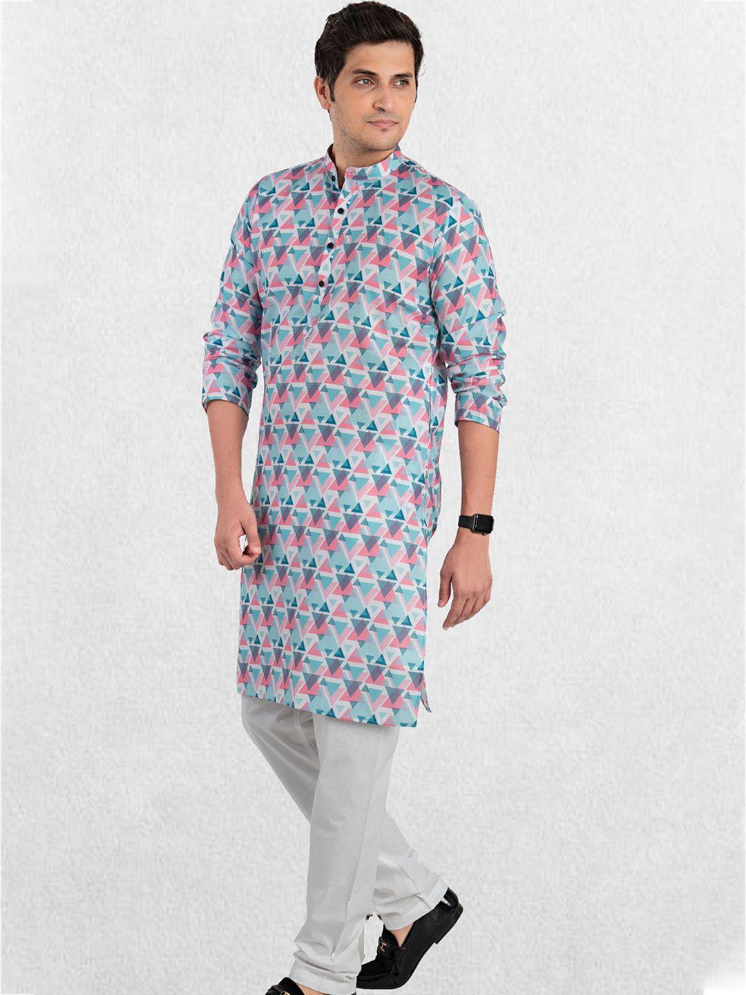 shiwam ethnix men multicoloured floral thread work block print pathani kurta