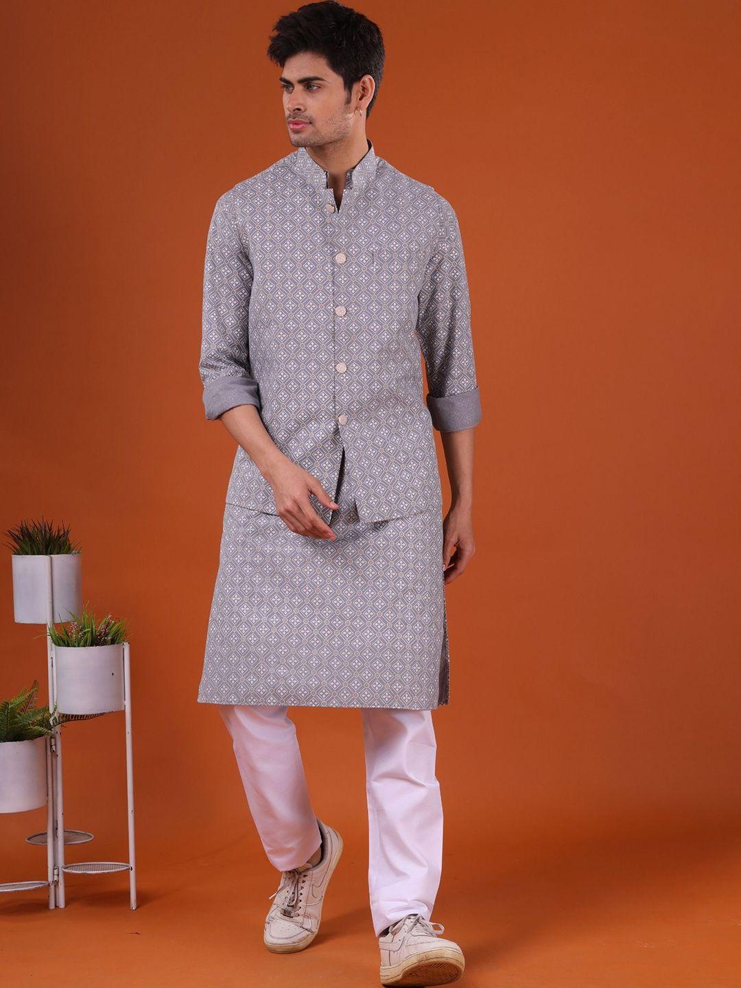 shiwam ethnix printed mandarin collar straight kurta with pyjamas with jacket
