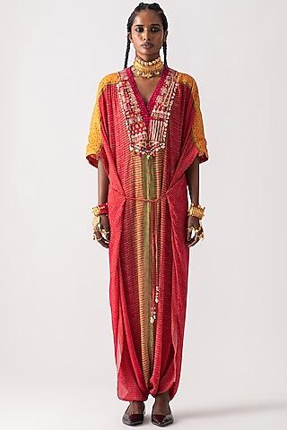 shocking pink & fern green embroidered kaftan jumpsuit