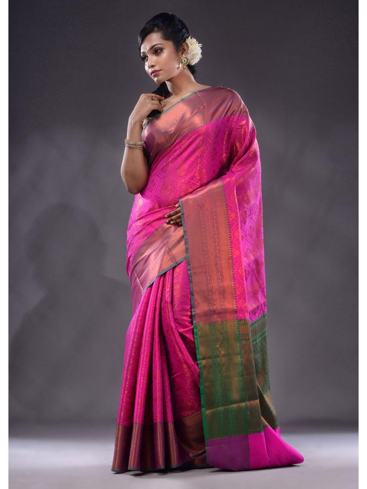 shocking pink handwoven brocade silk saree with unstitched blouse