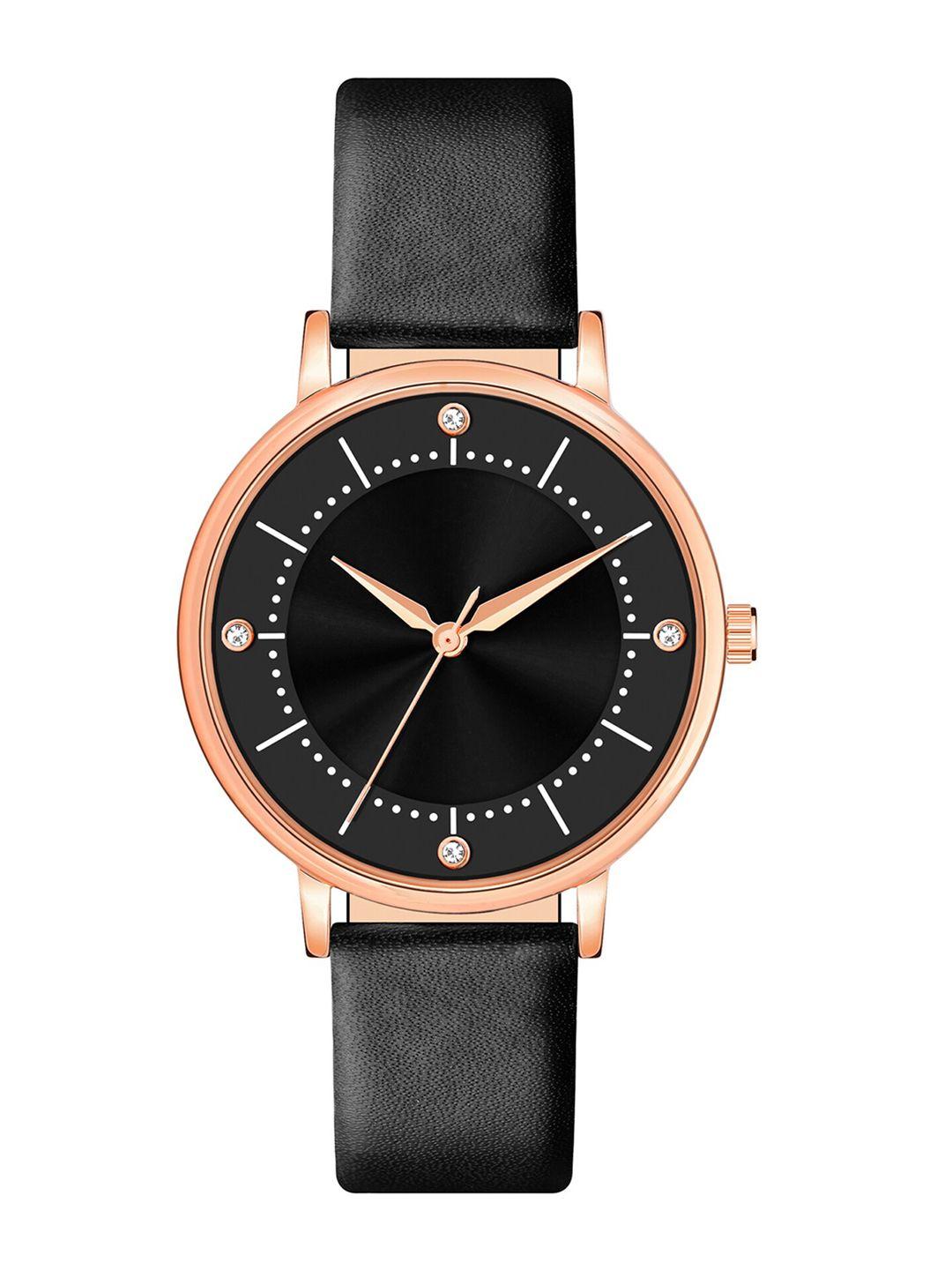 shocknshop women black embellished dial & black leather straps analogue watch